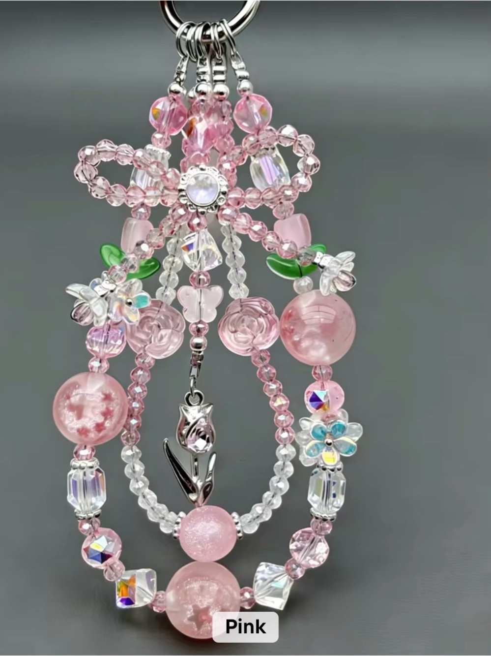 Pink Floral Beaded Bracelet with Silver Tulip Phone/Bag Charm
